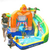 Kids playing on Dolphin Inflatable Water Slide with King Kong theme, featuring a long slide and splash pool in backyard.