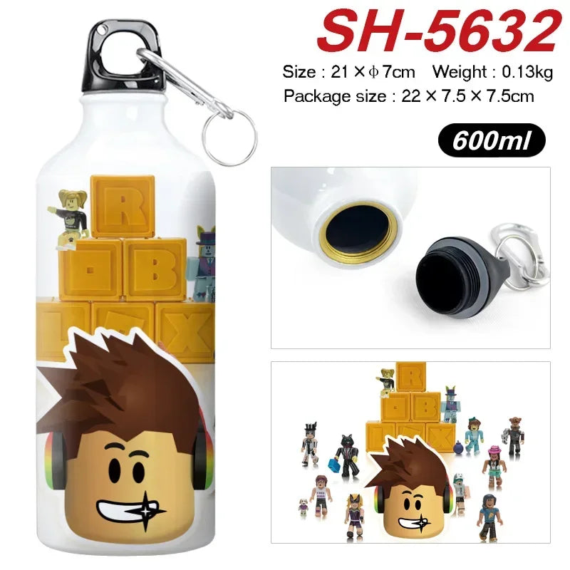 Roblox game cartoon aluminum water cup with 600ml capacity and vibrant design, featuring characters and a secure lid.