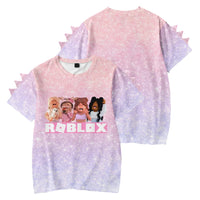 3D Roblox kids t-shirt with dinosaur design and cute characters in pink and purple, perfect for summer casual wear.