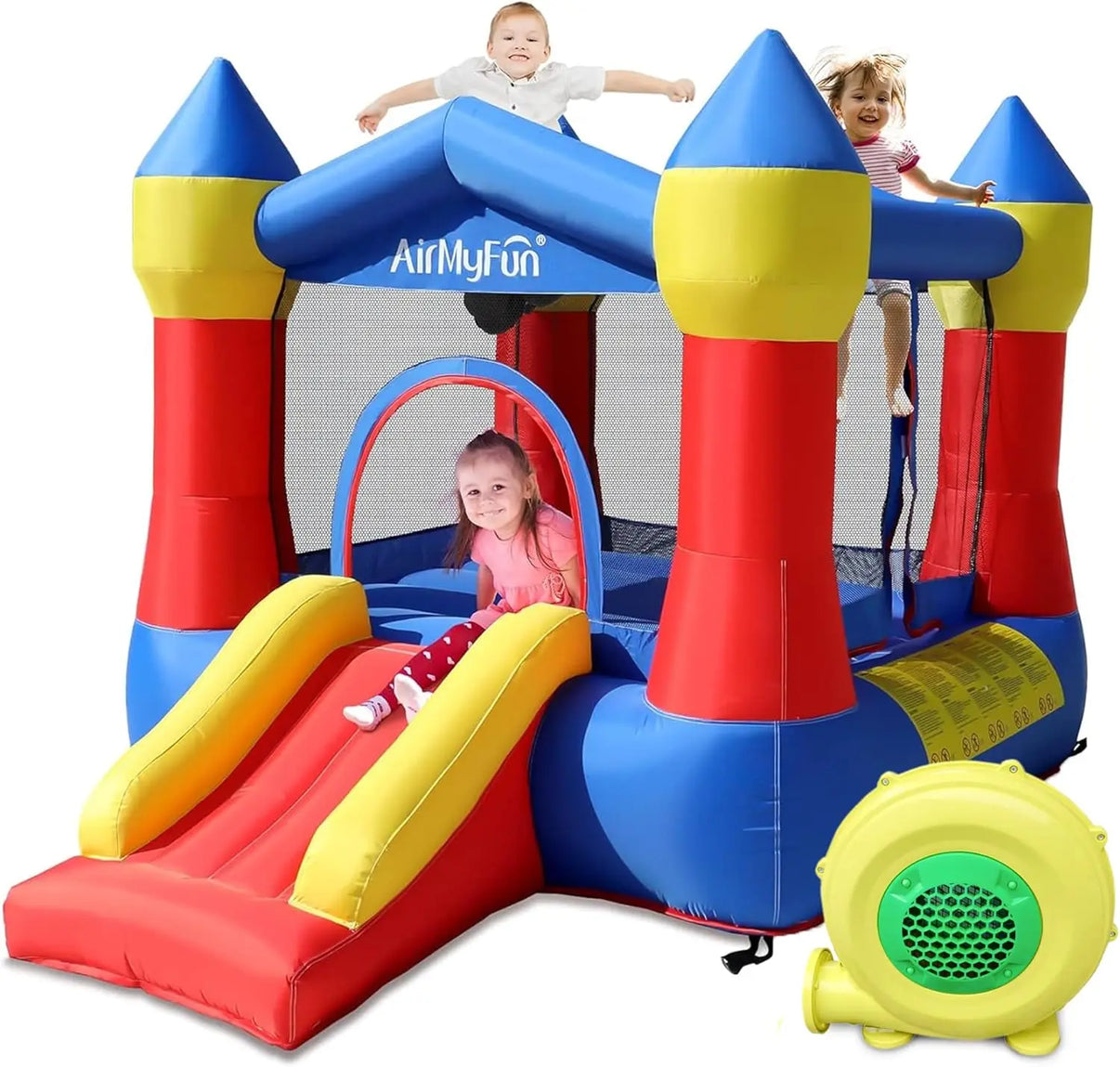 Kids playing on colorful AirMyFun inflatable bounce house with slide, designed for outdoor fun and active play for children aged 3-8.