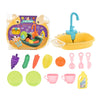 Electric kitchen sink toy set with accessories, including plastic dishes, cups, and pretend food for kids' pretend play and education.