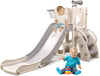 Toddler playset featuring a slide and basketball hoop with two children playing, ideal for enhancing motor skills and coordination.