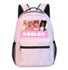 Roblox-themed backpack featuring cartoon characters on a pink and purple design, perfect for school use.