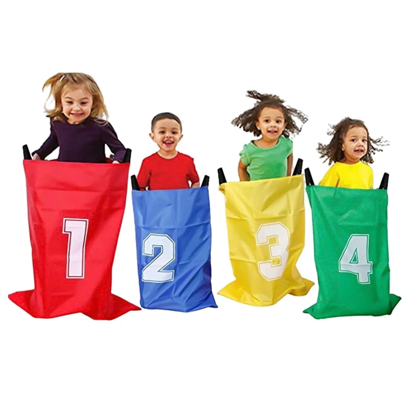 Children enjoying a sack race in colorful Kangaroo Sack Race Bags numbered 1 to 4, perfect for outdoor fun and motor skills development.