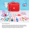 Wooden doctor pretend play set with medical tools and red bag for kids' role play and learning.