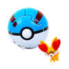 Blue Pokeball with Fennekin toy figure, perfect for Pokemon collectors and fans. High-quality ABS plastic Pokeball and PVC figure.