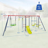 7-in-1 outdoor swing set with monkey bars, saucer swing, belt swing, slide, and sturdy A-frame, 661 lbs weight capacity, dimensions shown.