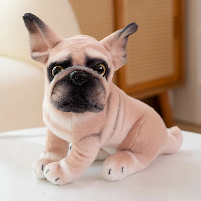 Adorable plush French Bulldog doll with realistic design made from soft plush fabric and PP cotton, perfect for dog lovers and kids.