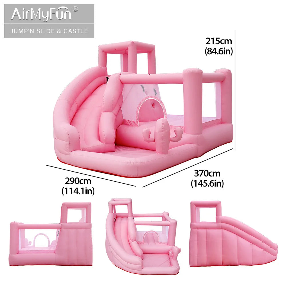 Pink inflatable bounce house with slide, perfect for kids' parties and weddings. Charming pastel design for magical celebrations.