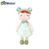 Metoo Angela Doll in green-themed outfit with bear ears, featuring ultra-soft plush fabric and gentle design.