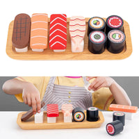 Wooden sushi play set with magnetic pieces for kids' pretend play and creativity enhancement on a wooden tray.