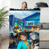 Woman holding Roblox-themed winter sofa blanket with vibrant character design in a cozy living room.