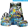 Colorful Pokemon school backpack set with Pikachu design, including a backpack, lunch bag, and pen case for students.