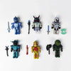 Six colorful Roblox-themed action figures with weapons displayed on a white background.