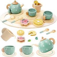 Wooden kitchen playset with teapot, cups, utensils, and toy pastries for imaginative play and early learning fun.