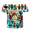 Roblox t-shirt featuring multiple character designs and vibrant colors on a white background, perfect for game fans.