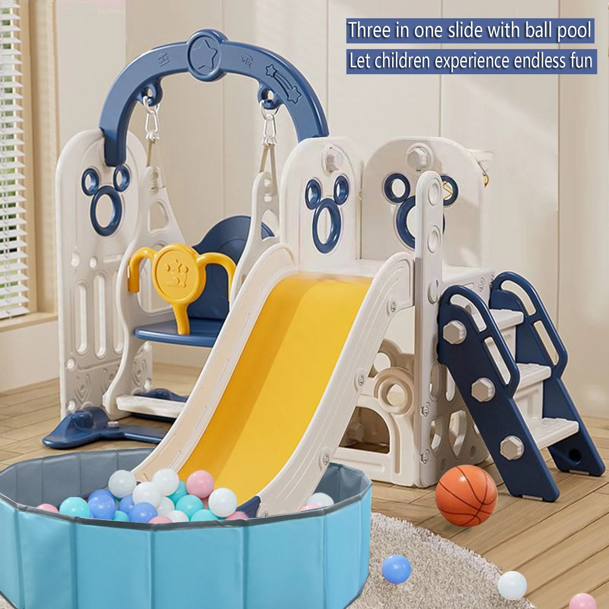 Kids slide and swing set with ball pool for toddlers, promoting fun and physical development indoors and outdoors.