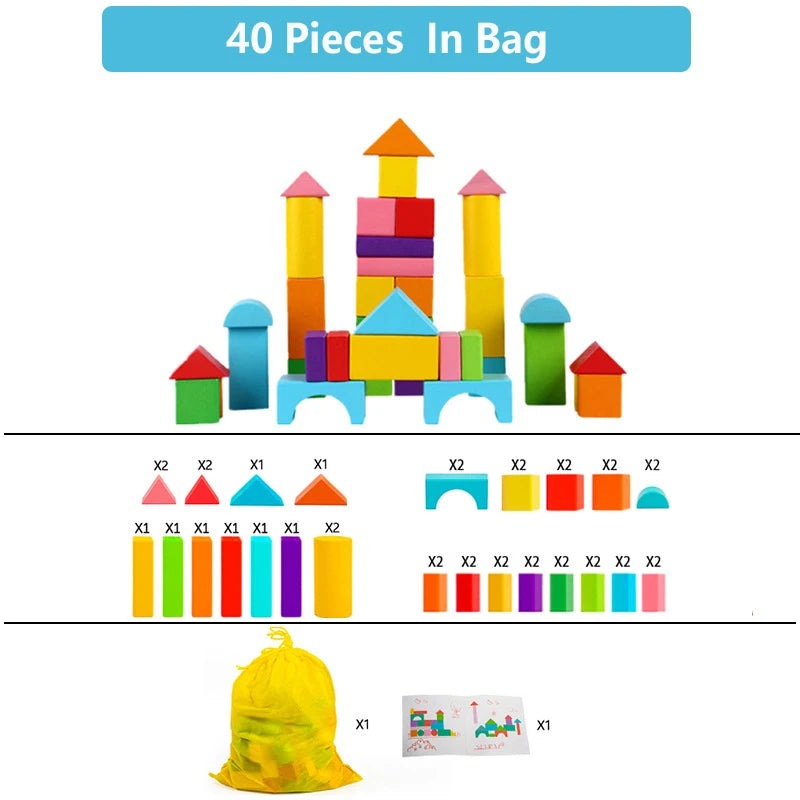 40-piece colorful wooden building blocks set for kids with storage bag and instructions, perfect for creative play and learning.