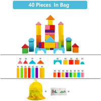 40-piece colorful wooden building blocks set for kids with storage bag and instructions, perfect for creative play and learning.