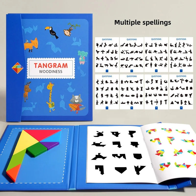 "Kids Magnetic Puzzle Book with colorful tangram pieces and activity cards for educational fun and creative learning."