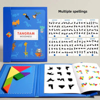 "Kids Magnetic Puzzle Book with colorful tangram pieces and activity cards for educational fun and creative learning."