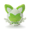 Green and white plush toy with cat-like features, featuring oversized ears and closed eyes, perfect for Pokemon fans and collectors.