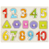 Montessori wooden puzzle with numbers and shapes for kids' educational learning. Bright colors and fun design for cognitive development.