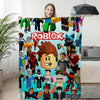 Woman holding a vibrant Roblox-themed sofa blanket featuring popular game characters, perfect for a cozy and playful winter.