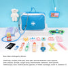 Wooden doctor pretend play set with blue medical bag, stethoscope, syringe, and accessories for kids' imaginative play.