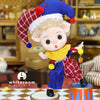 Mini piggy BJD doll dressed as a clown with colorful outfit and hat, performing playful pose on stage with vintage-style decor.