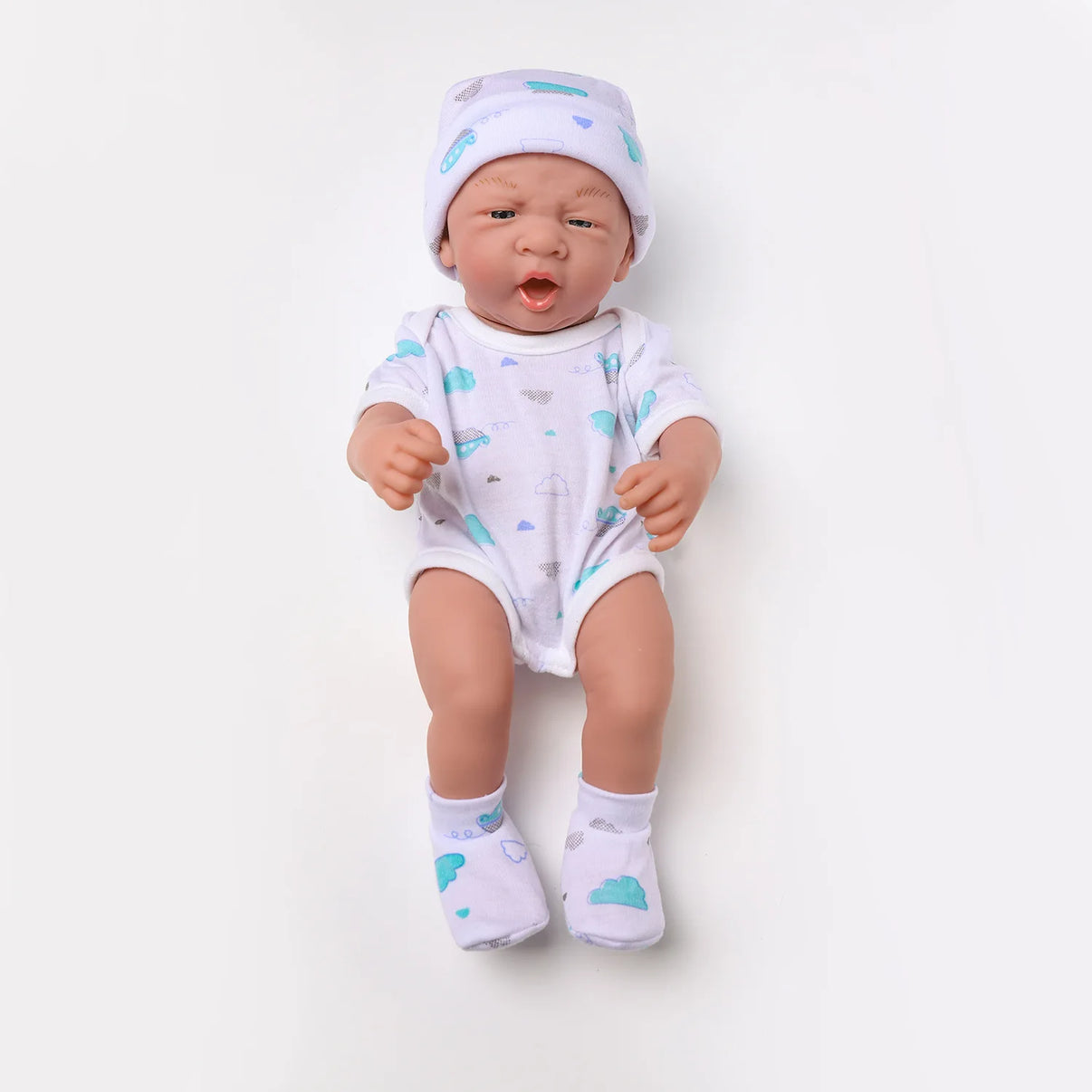 Lifelike 14-inch reborn baby doll in white and blue outfit, featuring realistic design and soft silicone skin for nurturing play.