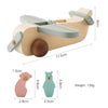 Wooden airplane toy model with animal figures, dimensions labeled, made from beech wood for kids' educational play and learning.