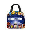 Roblox-themed shoulder bag with cartoon characters and "Guía del Universo Roblox" text on a starry background.