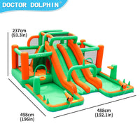 Premium outdoor inflatable bounce house with two water slides and jumping area, designed for kids' entertainment and outdoor fun.