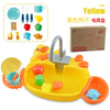 Kids electric kitchen sink playset with accessories including dishes, utensils, and pretend food in a colorful design.