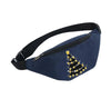 Navy blue fanny pack with Christmas tree print and adjustable strap, featuring festive design for holiday wear.