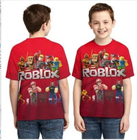 Boys wearing Roblox-themed red 3D-printed t-shirts with vibrant cartoon graphics, perfect for gaming and casual wear.