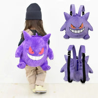 Child wearing a purple Pokemon Gengar plush backpack, perfect for school and cosplay, featuring high-quality soft fabric and fun design.