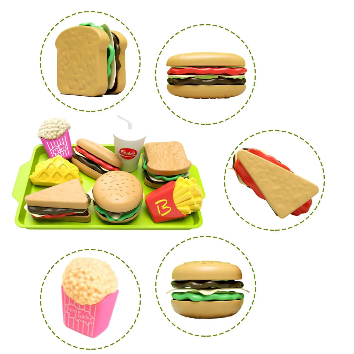 27-piece pretend play kitchen set with realistic hamburgers, fries, and sandwich toys for fun, educational role-playing.