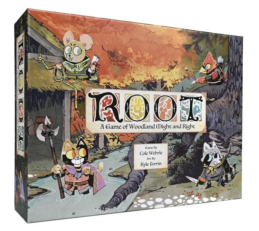 Root board game box featuring whimsical woodland creatures in a colorful forest setting.