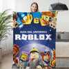 Woman holding Roblox-themed fleece sofa blanket with vibrant design for warmth and style.