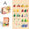 Pretend play kitchen set with realistic fruit and vegetable toys, including peelable items and knives for interactive learning.