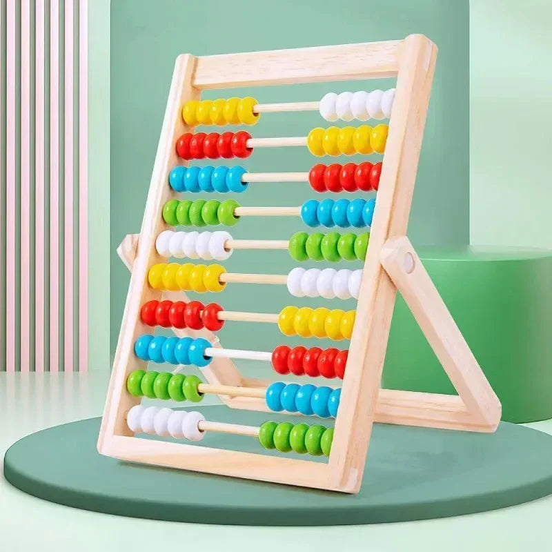 Wooden counting abacus with colorful beads for toddler math learning, Montessori educational toy for counting, addition, and subtraction.