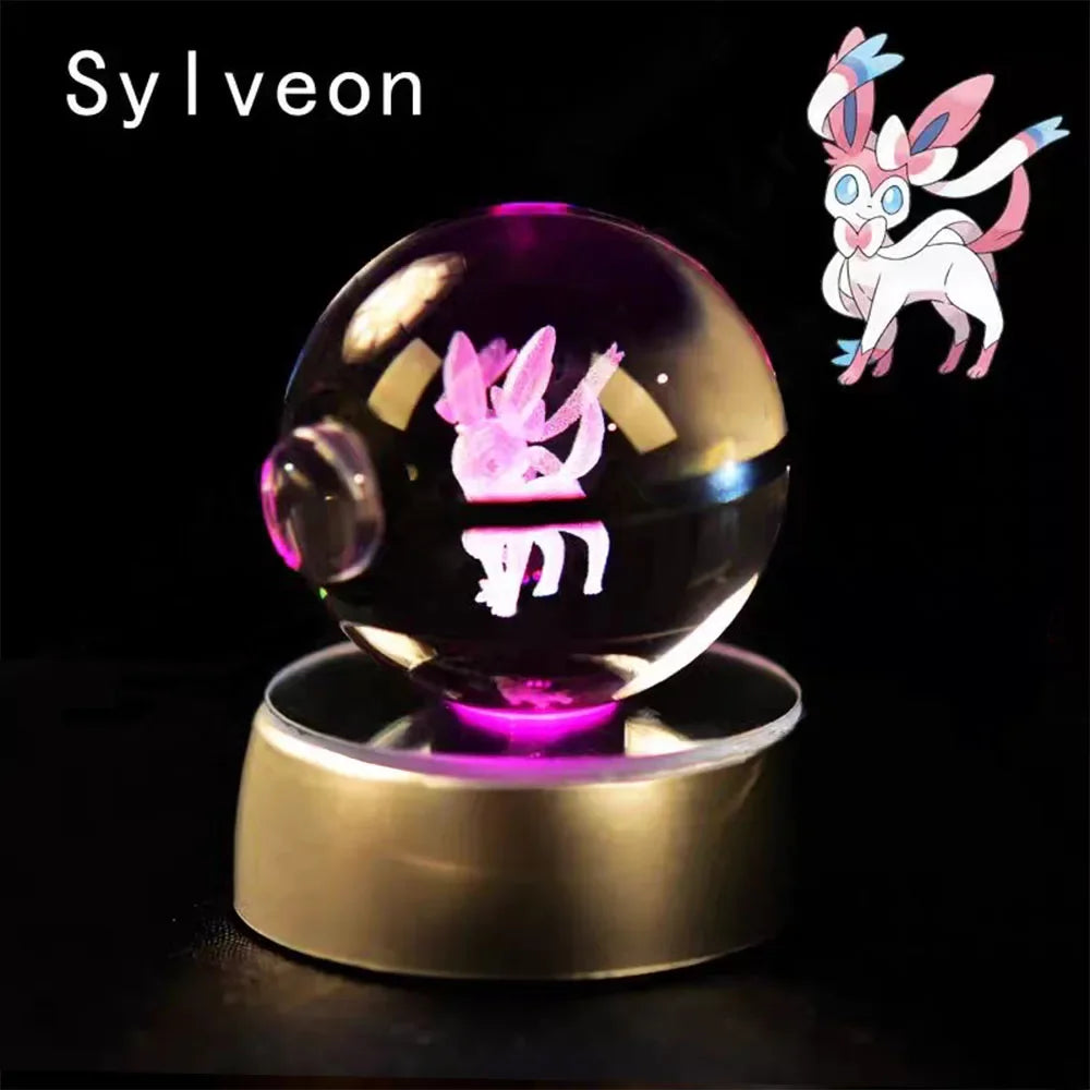 3D Sylveon crystal ball with LED light base, featuring intricate Pokemon design for decorative display.