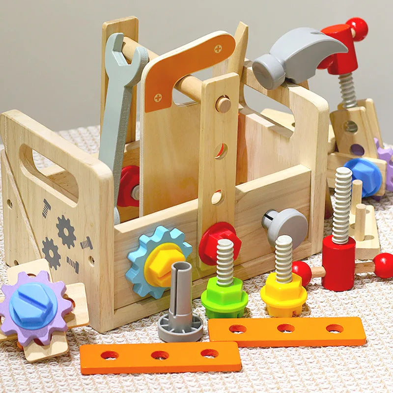 Wooden toolbox pretend play set for kids with colorful nuts, bolts, screws, hammers, and wrenches for educational fun.