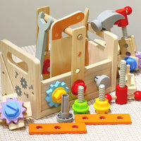 Wooden toolbox pretend play set for kids with colorful nuts, bolts, screws, hammers, and wrenches for educational fun.