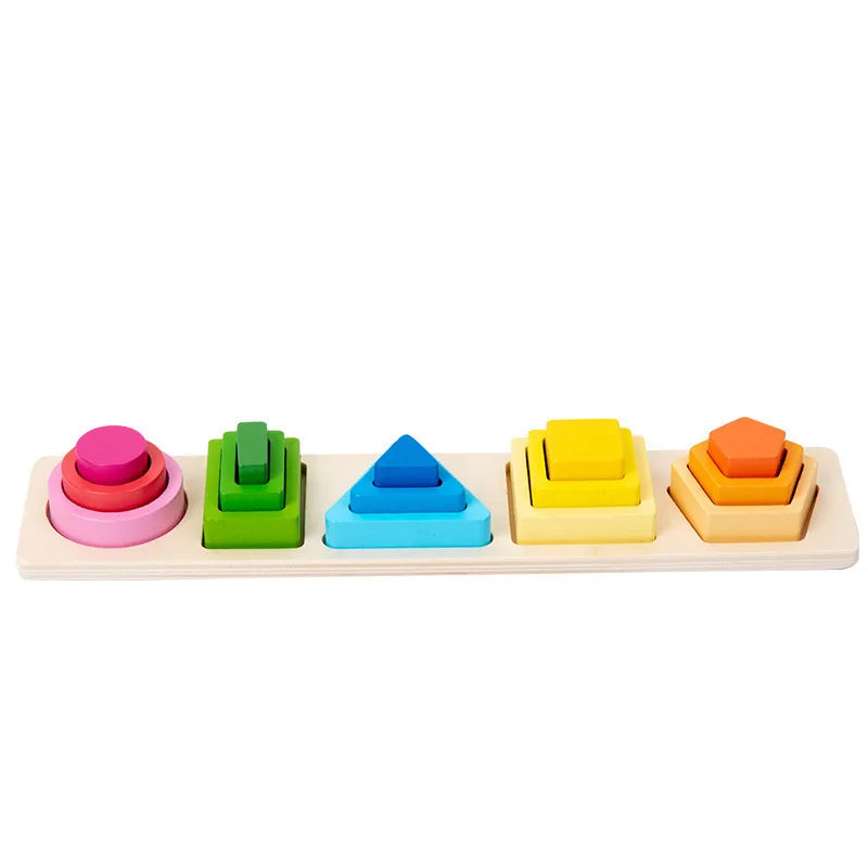 Montessori wooden shape sorting puzzle with colorful geometric pieces for toddler education and motor skill development.