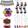 Roblox birthday party decorations set with balloons, cake topper, cupcake toppers, and hanging spirals for a festive celebration.