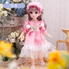 Articulated BJD doll in pink dress with hat, set against a floral backdrop, showcasing detailed clothing and lifelike features.