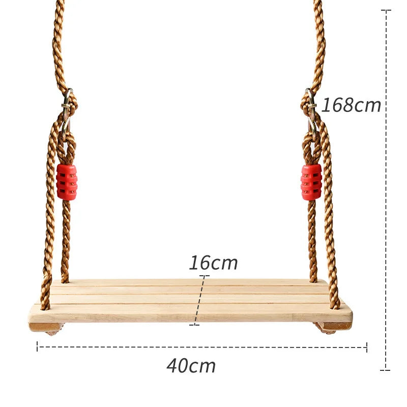 Wooden hanging swing seat with rope, dimensions 40cm x 16cm, ideal for outdoor fun and exercise.